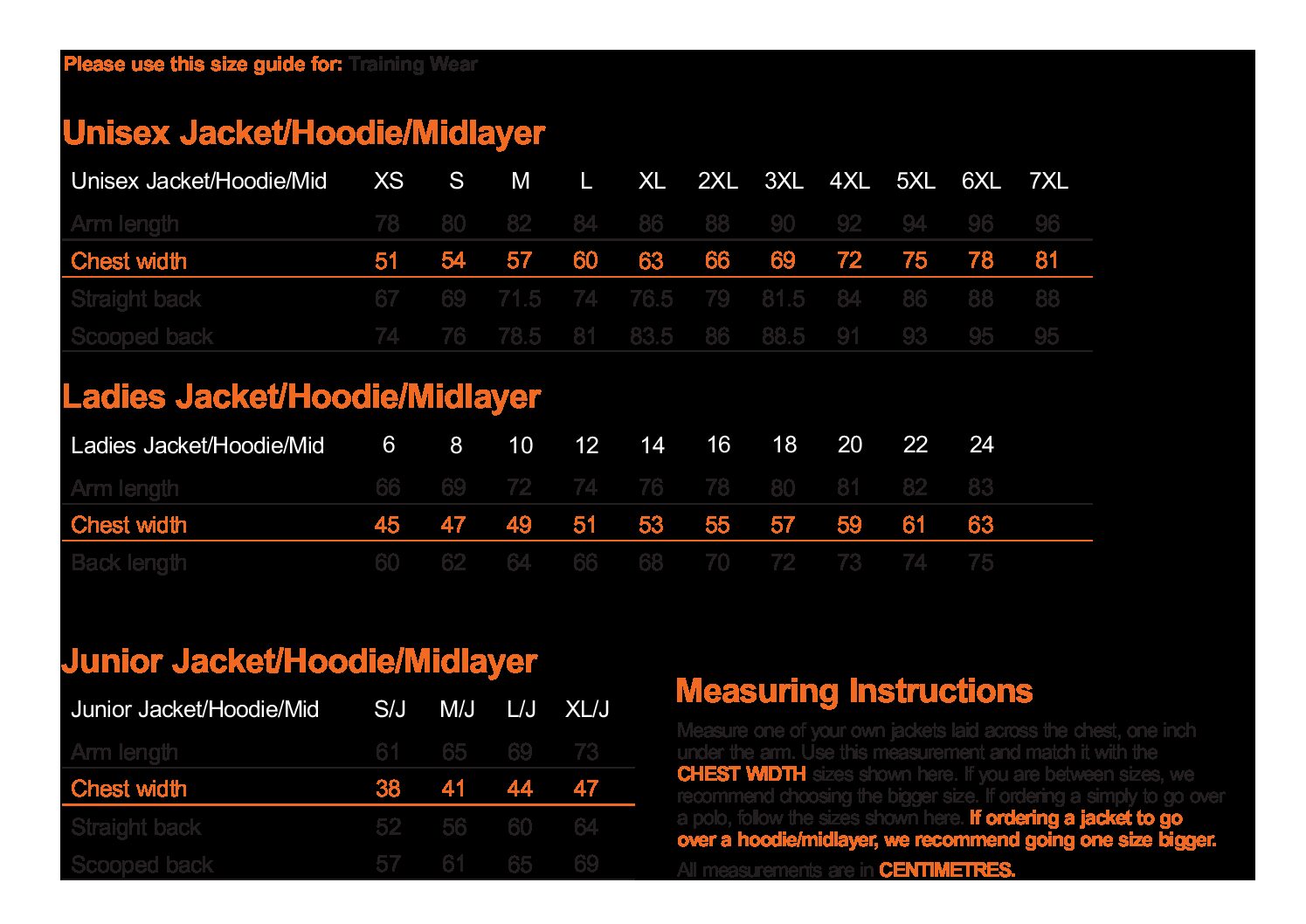 Invictus Conversion Chart Size-Chart-Jacket-Hoodie-Midlayer-Feb2024 | Invictus Teamwear